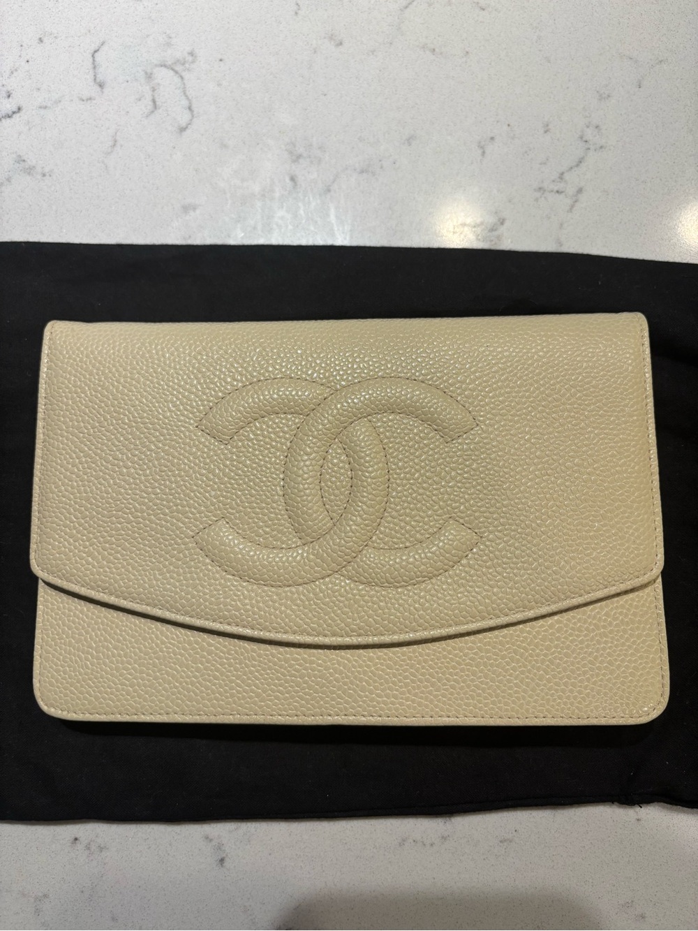 CHANEL Beige Caviar Leather CC Envelope Clutch